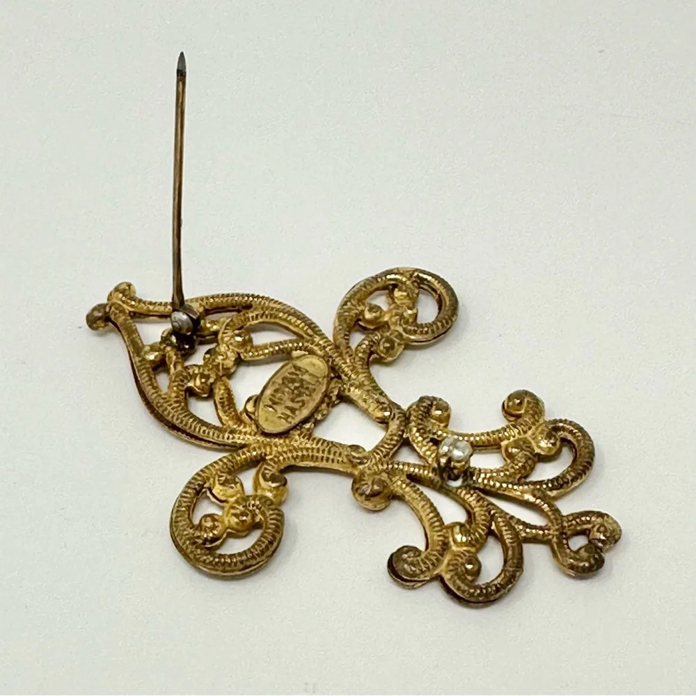 Miriam Haskell Vintage Signed Gold Tone Fleur De Lis Brooch Pin